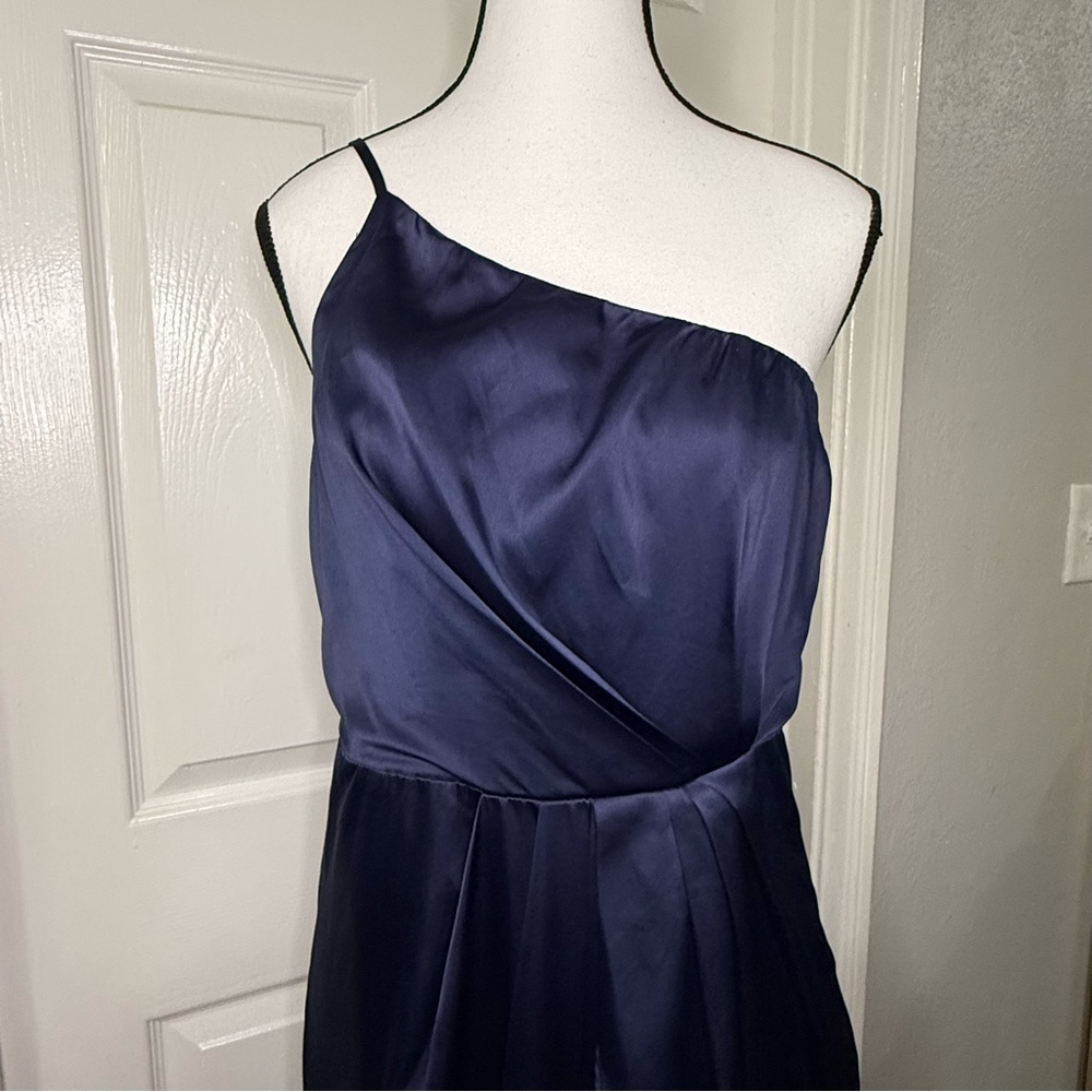 Lulu's Midnight Blue One-Shoulder Cocktail Dress Silky Prom - Picture 3 of 10